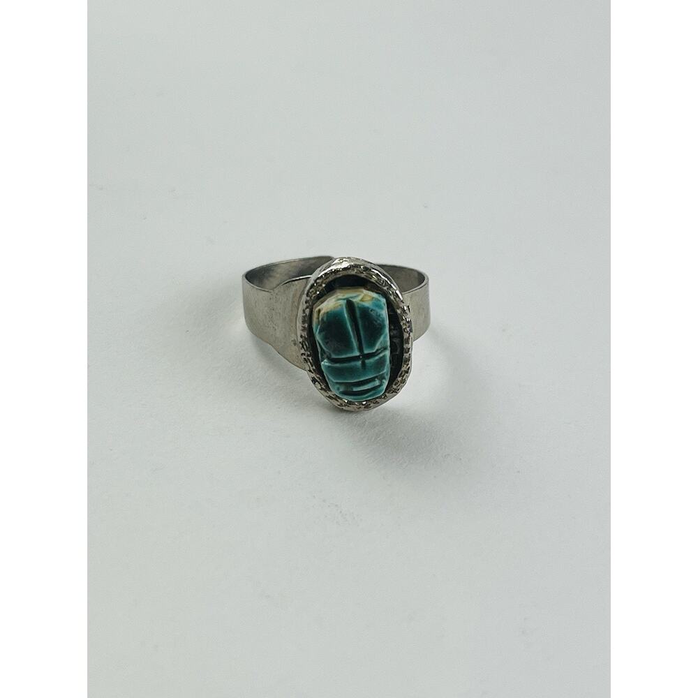Scarab Silver Ring Egyptian Revival Estate Jewelry Blue Adjustable Bead Ethnic - Picture 13 of 13